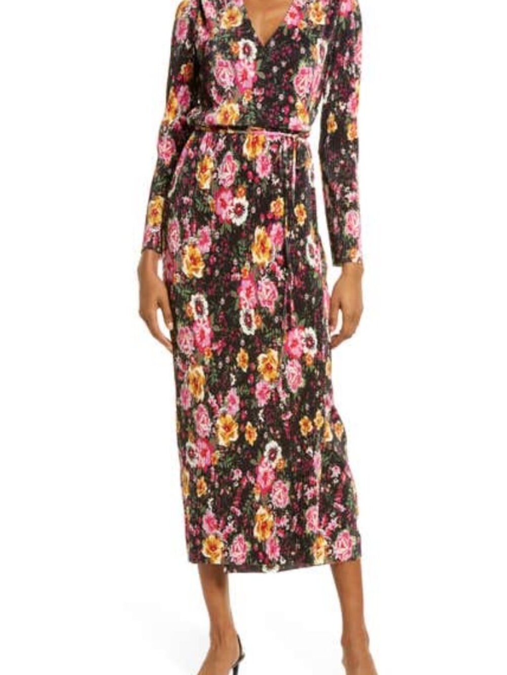 Charles Henry floral print long-sleeve wrap midi dress